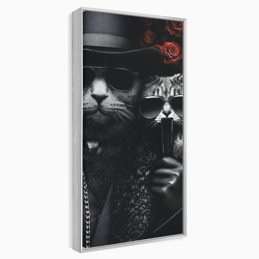 Tablou canvas cu tablou canvas cu pisici gangster in ochelari, in rama de aluminiu argintiu